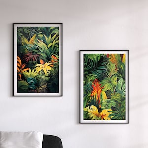 Botanical Leaves Prints, Lush Equatorial Jungle Set of 2 Art Prints, Dark Green Wall Art, Tropical Art, Lush Tropical Forest Wall Art