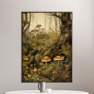 Cottagecore Forest Print, Magical Forest Poster, Botanical Mushrooms Print, Moody Vintage Poster, Forest Wall Art, Mystery Forest Digital