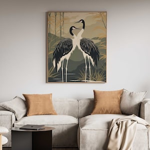 Crane Wall Art, Japanese Crane Wall Art, Cranes Illustration, Emerald Green Decor, Vintage Crane Art, Japandi Wall Art, Birds Print, DIGITAL