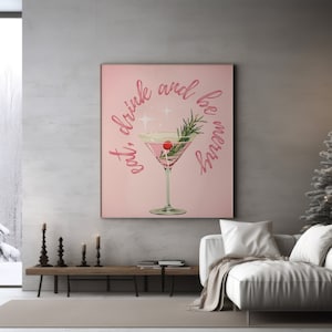 Impresión de carrito de bar navideño, comer, beber y ser feliz, impresión de saludos, impresión navideña rosa, decoración navideña, arte mural navideño, Navidad digital