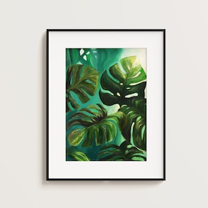 Botanical Monstera Print, Monstera Wall Art, Tropical Acrylic Painting Print, Dark Green Wall Art, Maximalist Wall Art, Sage Green Wall Art