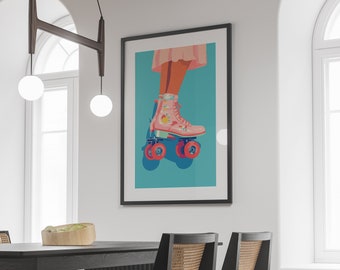 Impresión de patines rosas, impresión rosa azul pastel, arte de pared rosa, arte de pared de patines, impresión retro, descarga digital instantánea