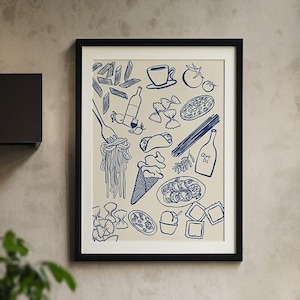 Italian Food Art Print | Pasta Wall Art | Pizza Printable | Minimalistic Food Illustration | Italy Food | Café Prints | Kitchen Wall Art