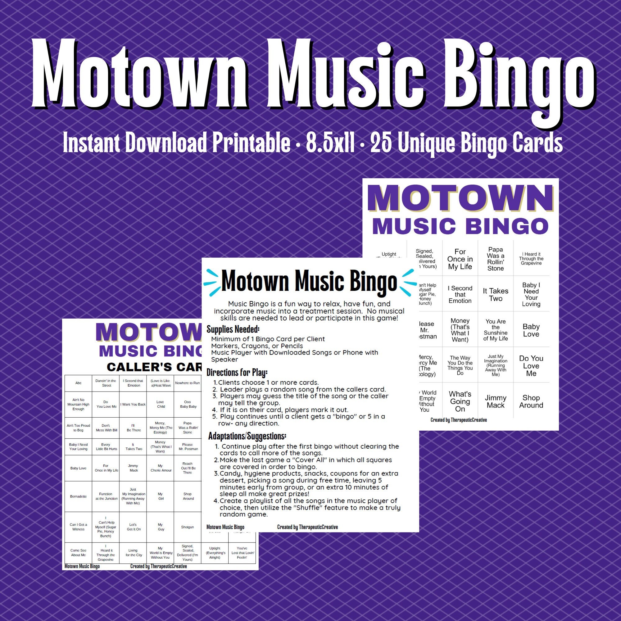Motown Music Bingo Game Group Activity Family Reunion Therapy Class Adults Teens Children Oldies Dance