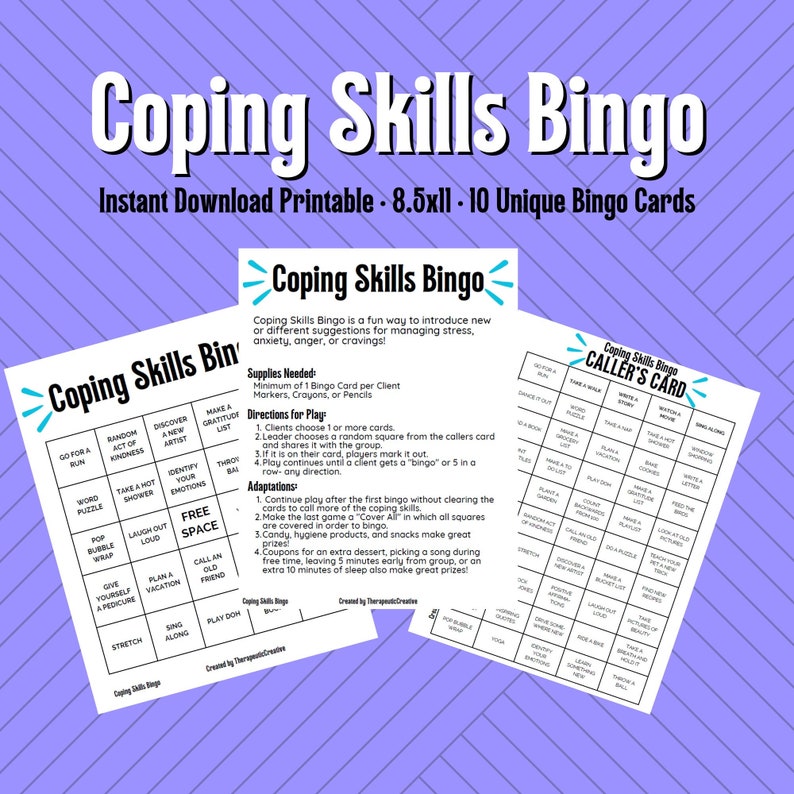 Coping Skills Bingo Therapeutic Game for Adults, Therapy Activity
