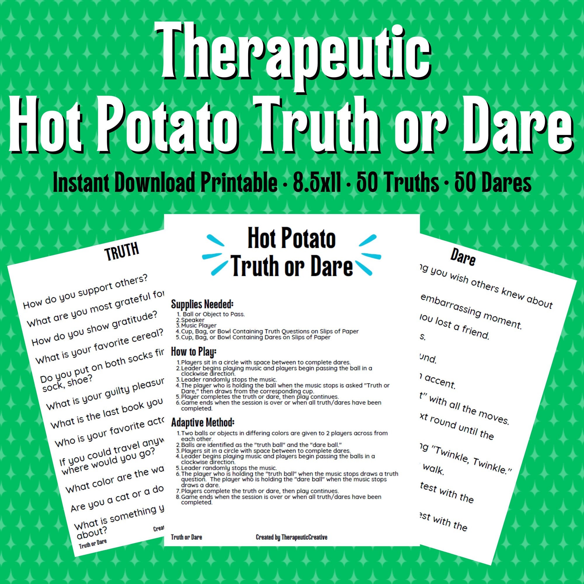 Hot Potato Truth or Dare Therapy Game Therapeutic Activity Life Group