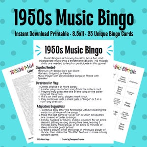 May include: A printable 1950s Music Bingo game with 25 unique bingo cards. The game includes a list of 1950s songs and instructions for playing. The game is perfect for a party or a fun activity for a group of friends.