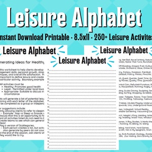 Pode incluir: Uma folha de trabalho imprimível com fundo azul e texto branco. A folha de trabalho é intitulada "Leisure Alphabet" e inclui uma lista de atividades de lazer para cada letra do alfabeto. A folha de trabalho foi projetada para ajudar os clientes a desenvolver habilidades de gerenciamento, crescimento pessoal, técnicas de gerenciamento de estresse e satisfação geral com a vida.