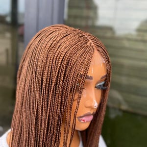 May include: A brown braided wig displayed on a mannequin head. The wig is made up of many small braids, giving it a textured look. The mannequin has makeup on, including dark eyelashes and pink lipstick. The background is out of focus.