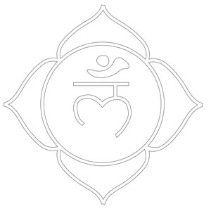 May include: A black and white line drawing of a lotus flower with a symbol in the centre. The symbol is a stylised heart with a line above it and a small circle above the line.