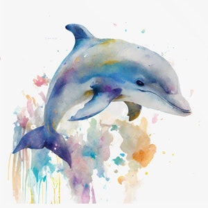 Dolphin Watercolor Painting, Art, Animal, Illustration, Home Decor, Nursery, Wildlife, Wall Art, Sea Life Art