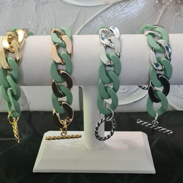 Bracelet très tendance en gros maillons vert teal mat en acrylique et fermoir en T doré à l'or fin