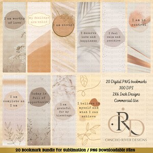 Könnte beinhalten: Ein Set mit 20 digitalen, druckbaren Lesezeichen mit positiven Affirmationen und abstrakten Designs in Beige, Braun und Weiß. Die Lesezeichen sind 5,1x15,2 cm groß und haben eine Auflösung von 300 DPI. Der Text auf den Lesezeichen enthält Sätze wie "Ich bin der Liebe würdig", "Ich bin genug", "Ich verdiene Liebe und Glück", "Ich fühle mich ruhig und positiv", "Ich habe die Kontrolle", "Heute ist voller Möglichkeiten", "Ich bin dankbar für meine Segnungen", "Ich glaube an mich selbst und was ich erreichen kann", und "Ich bin vollständig, so wie ich bin".