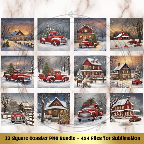 Country Christmas PNG Coasters - 12 Square Coaster Designs for Sublimation 4x4, Sublimation Tiles Bundle