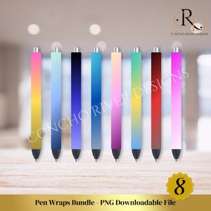 Puede incluir: Un conjunto de ocho envoltorios de bolígrafos imprimibles con diseños degradados en amarillo, azul, morado, verde, rojo y rosa. Los envoltorios de bolígrafos son archivos PNG descargables.