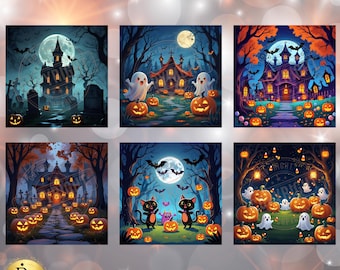 Sous-verres PNG Halloween - 6 modèles de sous-verres carrés pour sublimation 4 x 4, lot de carreaux, sympathique Halloween PNG, mignon sous-verre Halloween PNG