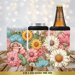 4 in 1 Can Cooler Sublimation Wrap, Multi Color Flower Wrap PNG, 4 in 1 PNG