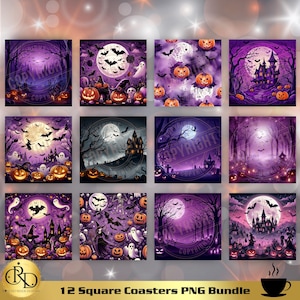 May include: A collection of 12 square coasters with Halloween-themed designs. Each coaster features a unique spooky scene with pumpkins, bats, ghosts, and haunted houses in shades of purple, orange, and black. The coasters are bundled together.