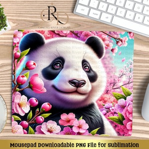 May include: A square mousepad with a panda bear design, surrounded by pink cherry blossoms. The panda has black and white fur with pink accents. The mousepad has the text "Mousepad Downloadable PNG File for sublimation". The Concho River Designs logo is in the top left corner.