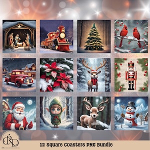 Christmas Theme PNG Square Coaster Designs for Sublimation, 4x4 coaster designs, Sublimate Coasters, Sublimation Tiles Bundle