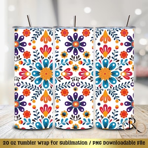 Envoltura para vaso con bordado mexicano, PNG floral folclórico, patrón de bordado mexicano, flores del Día de los Muertos, diseño de vaso con sublimación