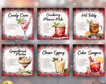 Cocktail Coasters PNG, Square Coaster PNG, Sublimation, 4x4 Coaster, Sublimation Tiles, Christmas Cocktails, Christmas Tiles, Coaster Bundle