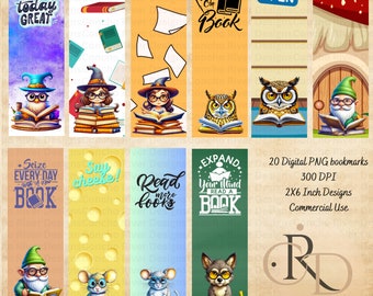 May include: A set of 20 digital printable bookmarks featuring various illustrations and quotes about reading. The bookmarks are 2x6 inches and 300 DPI. The designs include owls, gnomes, mice, and wolves reading books. Some of the quotes include "Make today great", "Seize every day with a new book", "Say cheese", "Read more books", "Hooked on book", "Expand your mind read a book", and "Open".