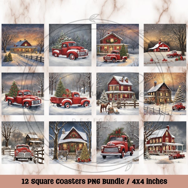 Country Christmas PNG Coasters - 12 Square Coaster Designs for Sublimation 4x4, Sublimation Tiles Bundle