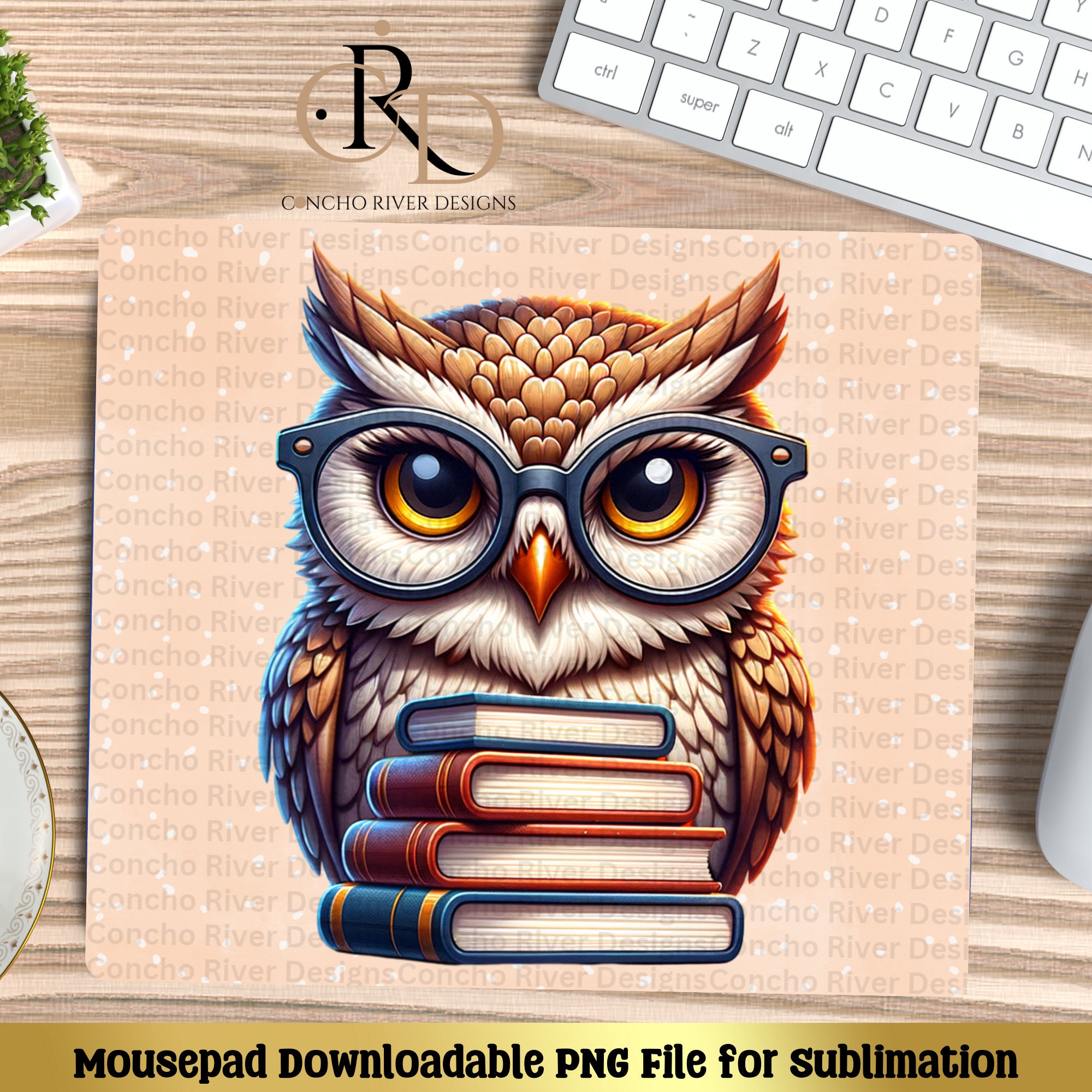 Owl mouse pad PNG file, sublimation design for mousepad, books mousepad PNG, instant digital downloa