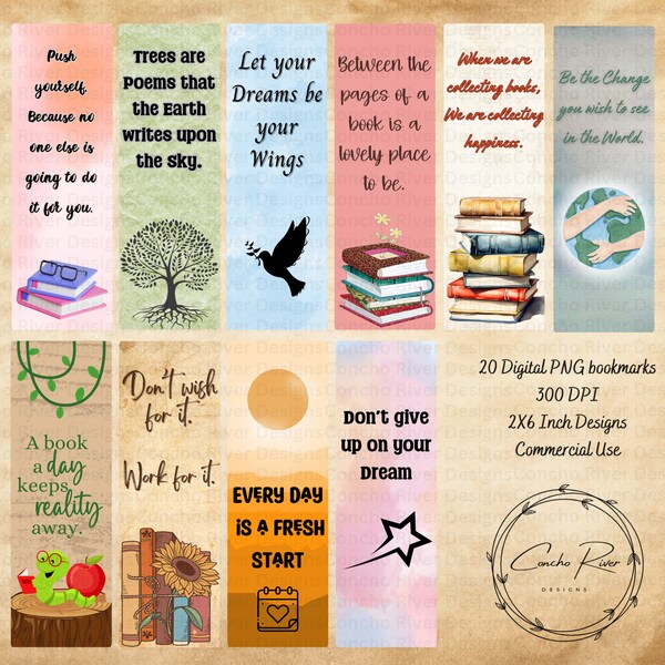 Inspirational Quotes PNG Bookmarks,  Printable Bookmarks, 2x6 inch Bookmarks for Sublimation, Bookmark Bundle