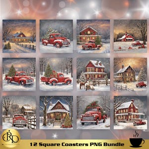Posavasos navideños campestres en formato PNG: 12 diseños cuadrados de posavasos para sublimación (10x10 cm), paquete de azulejos para sublimación