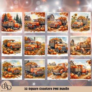 Höstunderlägg PNG för lantlig användning, 12 fyrkantiga underläggsdesigner för sublimering 4x4, bondgårdsunderlägg PNG, orange lastbil PNG, sublimeringsplattepaket