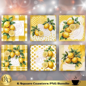 Peut inclure: Ensemble de six dessous de verre carrés avec des illustrations de citrons et de feuilles vertes. Les dessous de verre ont différents fonds jaunes, dont du vichy, des pois et des lavis d'aquarelle. Le texte "6 Square Coasters PNG Bundle" est en bas.