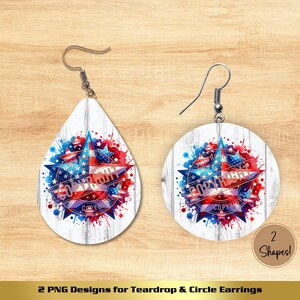 Patriotic Earrings PNG, Design for teardrop earrings, Digital Download, patriotic teardrop png, star earring png, earring png file, 300 dpi