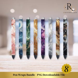 May include: A bundle of eight pen wraps with unique designs. Each pen wrap features a different swirling pattern in colors like pink, blue, green, gold, purple, gray, brown, and black. The text "Pen Wraps Bundle - PNG Downloadable File" is at the bottom.