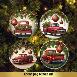 Little Red Truck Ornament PNG, Christmas Round Ornament, Digital Download, Christmas Ornament PNG, Sublimation Design