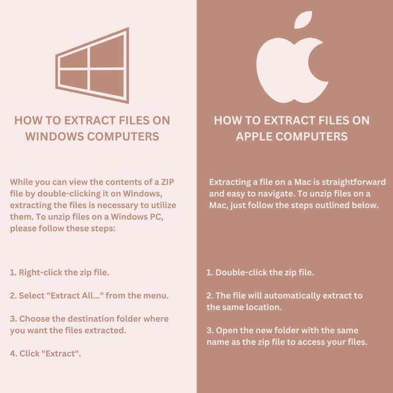 以下が含まれることがあります： Windows と Apple のコンピューターでファイルを抽出する方法を視覚的に説明したガイド。このガイドには、両方のオペレーティングシステムの手順が記載されています。