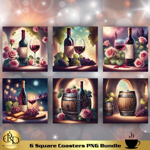 Wine square coaster PNG, designs for sublimation, 4x4 coaster png, Sublimation Tiles Bundle, Wine Tiles