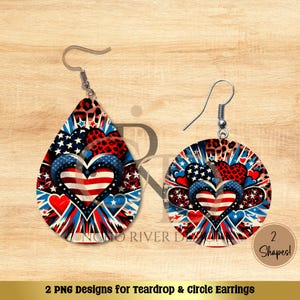 Patriotic Earring PNG, 2 earring shapes, Digital Download, patriotic teardrop png, earring png, patriotic hearts png, 300 dpi