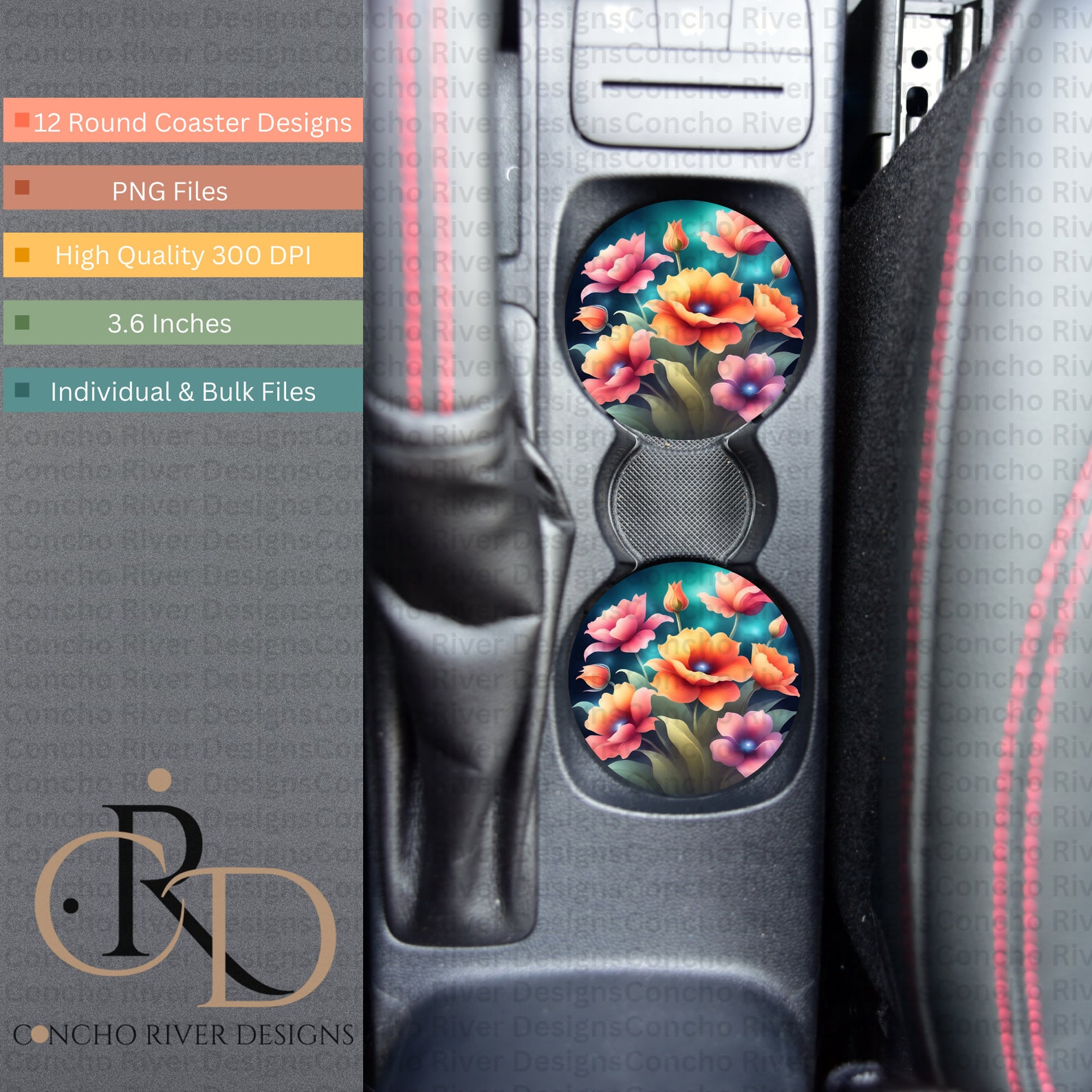 Flowers Car Coasters PNG, Round Car Coaster PNG, Designs for ...