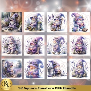 Gnomes PNG, 12 Square Coaster Designs for Sublimation 4x4, Lavender & Gnomes Coaster PNG, Lavender PNG, Tranquility, Sublimation Tile Bundle