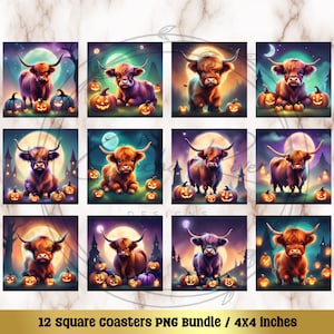 Halloween Highland Cows Coasters PNG, Square Coaster PNG, Designs for Sublimation, 4x4 Coasters, Sublimation Tiles, Coaster Bundle