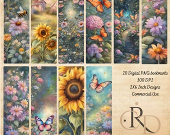 Tuin PNG-bladwijzers, afdrukbare bladwijzers, 2 x 6 inch bladwijzers voor sublimatie, aquarel bladwijzers, kunst, schilderij, bladwijzerbundel