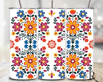 Mexican Embroidery PNG, Floral Folk Design, Mexican Flowers PNG, Dia de los Muertos Flowers - 20 oz Sublimation Tumbler Design, Seamless