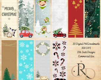 May include: A collection of 20 digital PNG Christmas-themed bookmarks. Designs include festive illustrations of elves, Christmas trees, snowflakes, and holiday greetings. Each bookmark is 2x6 inches.