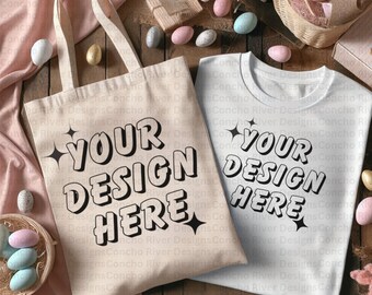 Easter T-Shirt AND Tote Bag Mockup - PNG downloadable file, double mockup, 300 dpi