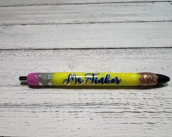 Custom Teacher Appreciation Personalized Gel Pen, Pencil Style Glitter Pen, Teacher Gift, Teacher Gift, Custom Refillable personalized pen