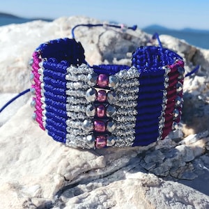 Woven handmade macrame bracelet, in blue, purple and silver cord with crystals.