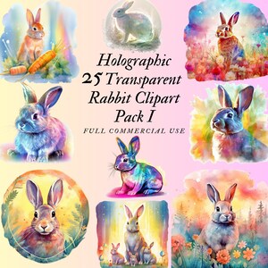 25 Holographic Rabbit Clipart | Transparent High Quality PNG | Watercolour | Instant Download, Printable With Full Commercial Use