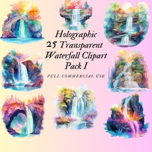 25 Holographic Waterfall Clipart | Transparent High Quality PNG | Watercolour | Instant Download, Printable With Full Commercial Use